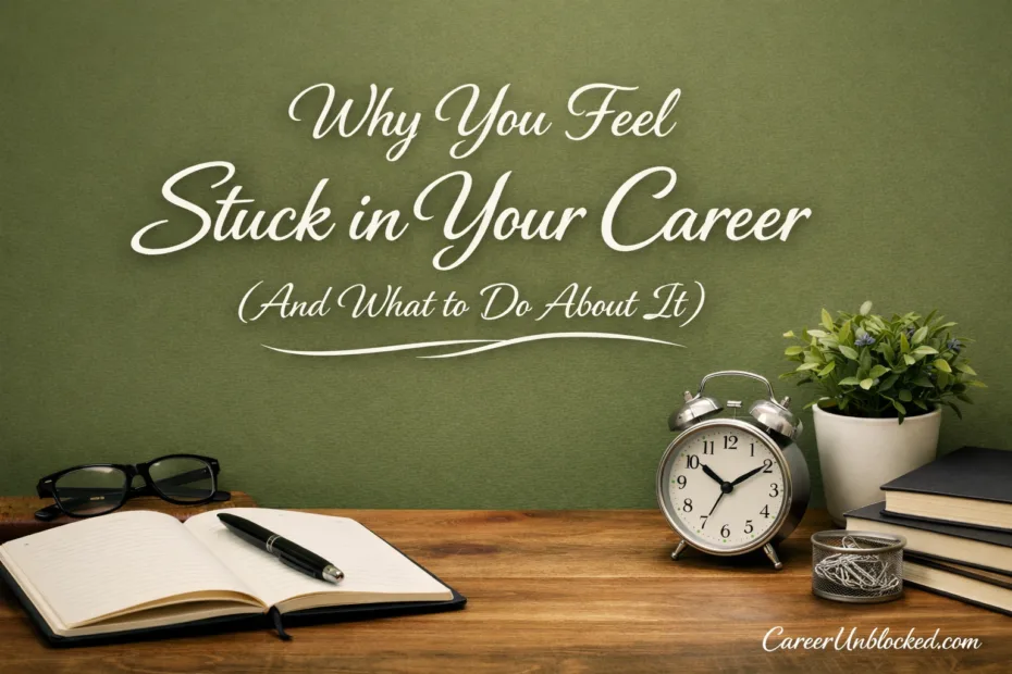 A clock and notebook on a wooden desk with a green chalkboard in the background about feeling stuck…