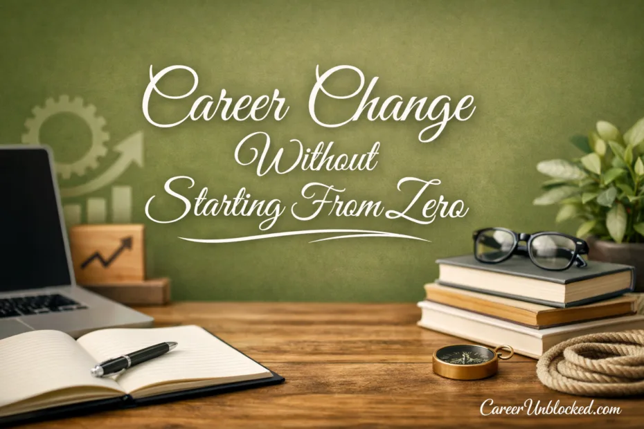 A person writing in a notebook with a chalkboard behind them that says 'Career Change Without Starting…