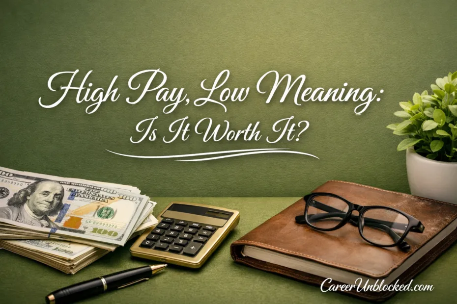 A desk with a calculator, glasses, and a notebook in front of a chalkboard with the phrase 'High Pay, L…