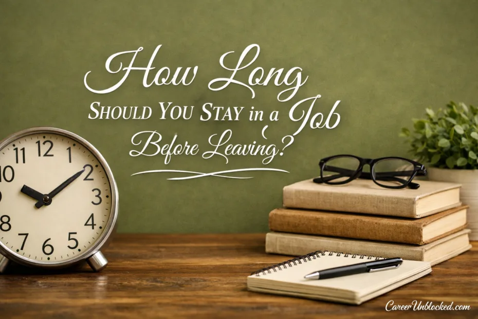 A clock and a stack of books on a wooden desk illustrating when to leave a job.