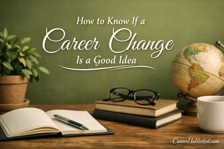 A notebook, glasses, and a pen on a wooden desk for a career change decision.