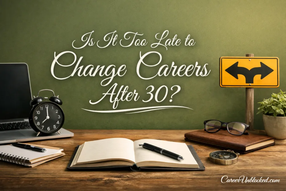A chalkboard with 'Change Careers After 30?' and a clock on a desk with an open book.