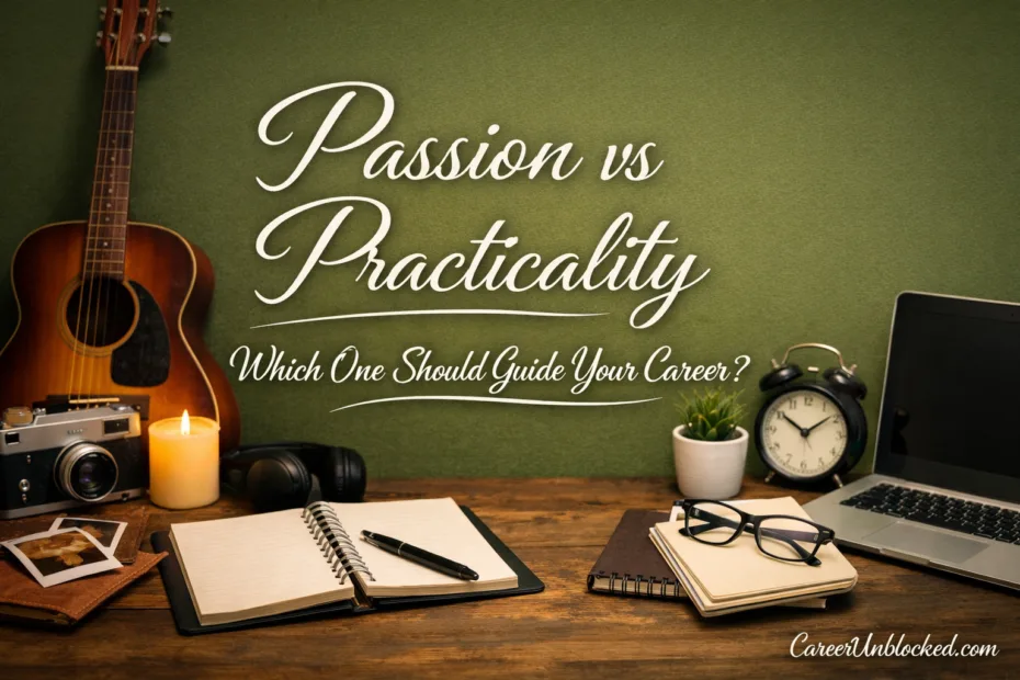 A chalkboard with 'Passion vs Practicality' written, with a notebook and clock on a desk.