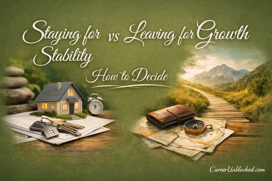 A small house surrounded by trees and a boat on a lake illustrates the choice between stability and gro…