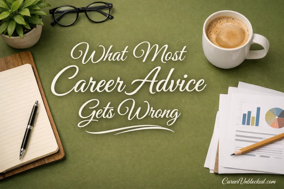 A coffee cup and a notebook on a green table convey what most career advice gets wrong.