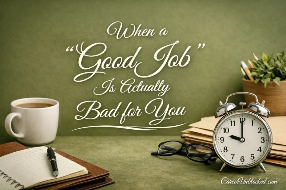 A clock and a pen on a desk, illustrating the paradox of a 'good job' being bad for you.