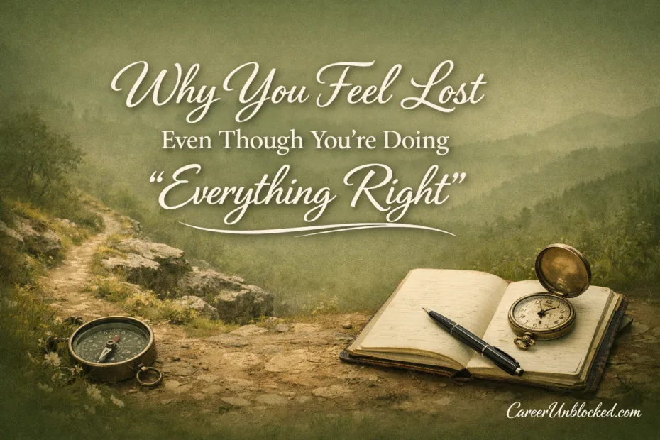 A person reading a book on a grassy hill, feeling lost despite doing everything right.