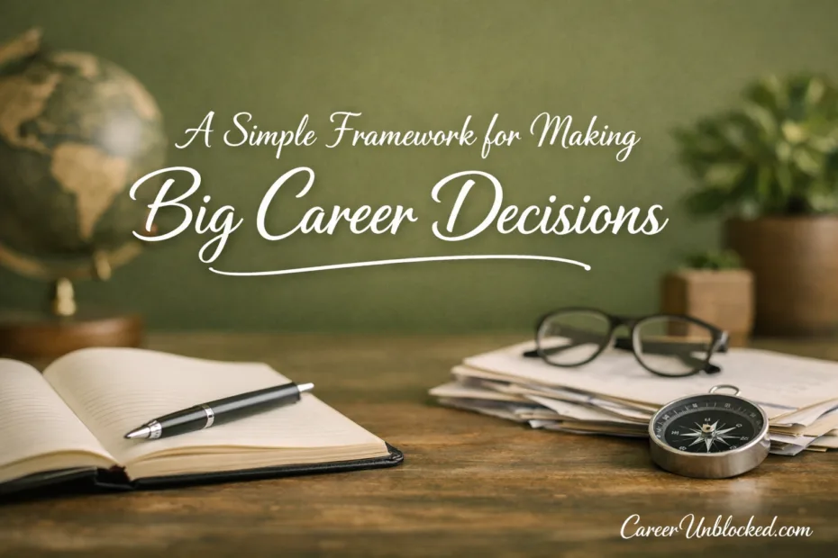 A notebook, pen, and eyeglasses sit on a wooden desk, illustrating a simple career framework for big de…