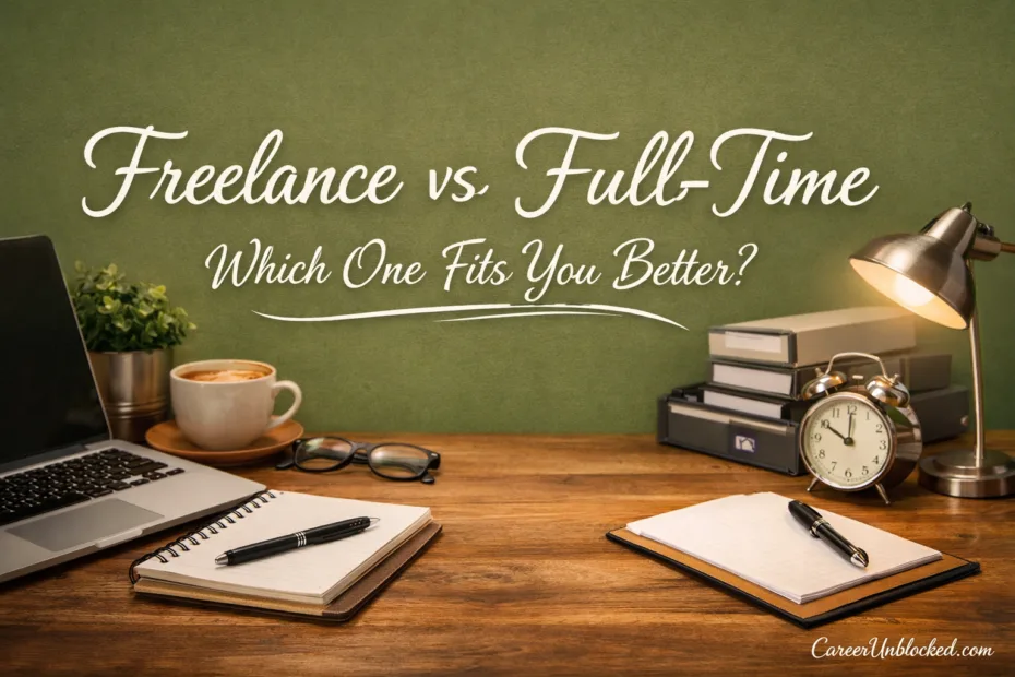 A desk with a laptop, notebook, and coffee cup illustrating freelance vs full-time work choices.