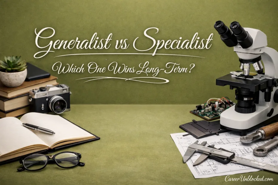 A light green desk with a camera, notebook, and a pair of glasses illustrating a generalist vs speciali…