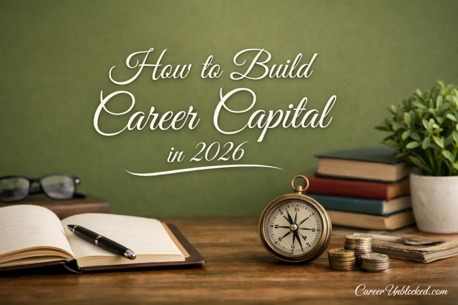 A person using a notebook and a pen on a wooden table about to build career capital in 2026.