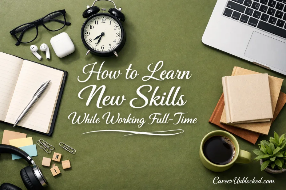 A clock and a laptop on a desk illustrating how to learn skills while working full-time.