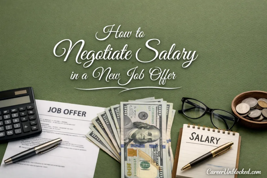 A person holding a pen with a salary negotiation document and cash on a desk.