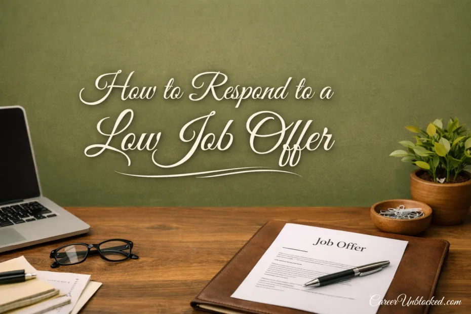 A person holding a pen and reviewing a job offer letter on a wooden desk.