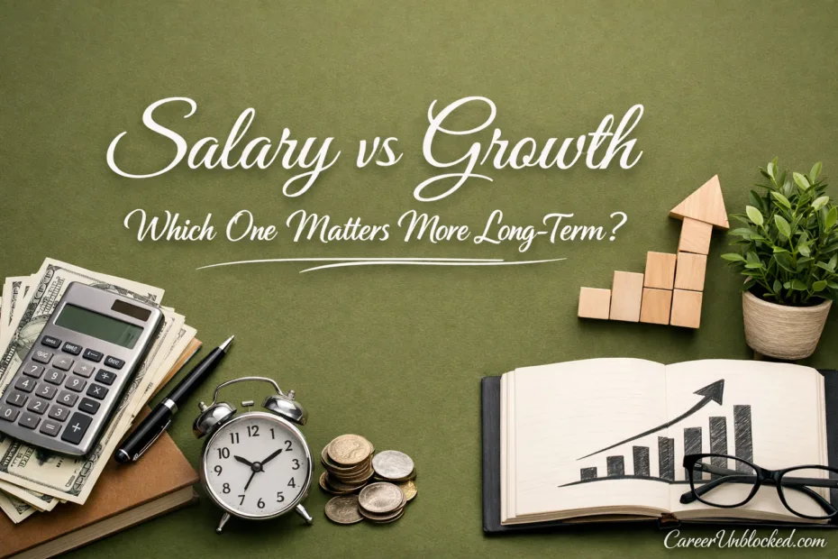 A wristwatch and a notebook with a pen sit beside a small stack of books, illustrating salary vs growth…