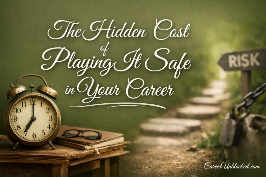 A person walking on a dirt path in a green field, illustrating the risks of playing safe in your career…