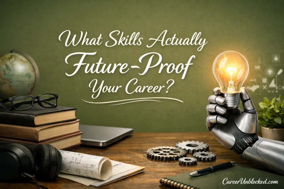A lightbulb is turned on above an open book, symbolizing ideas about future-proof career skills.