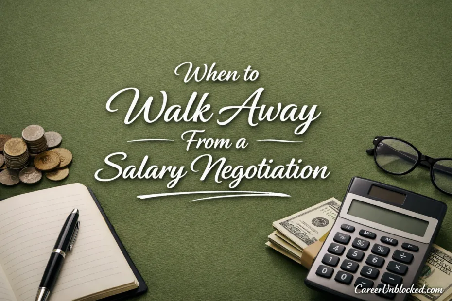 A handshake over a desk with a calculator, symbolizing when to walk away from a salary negotiation.