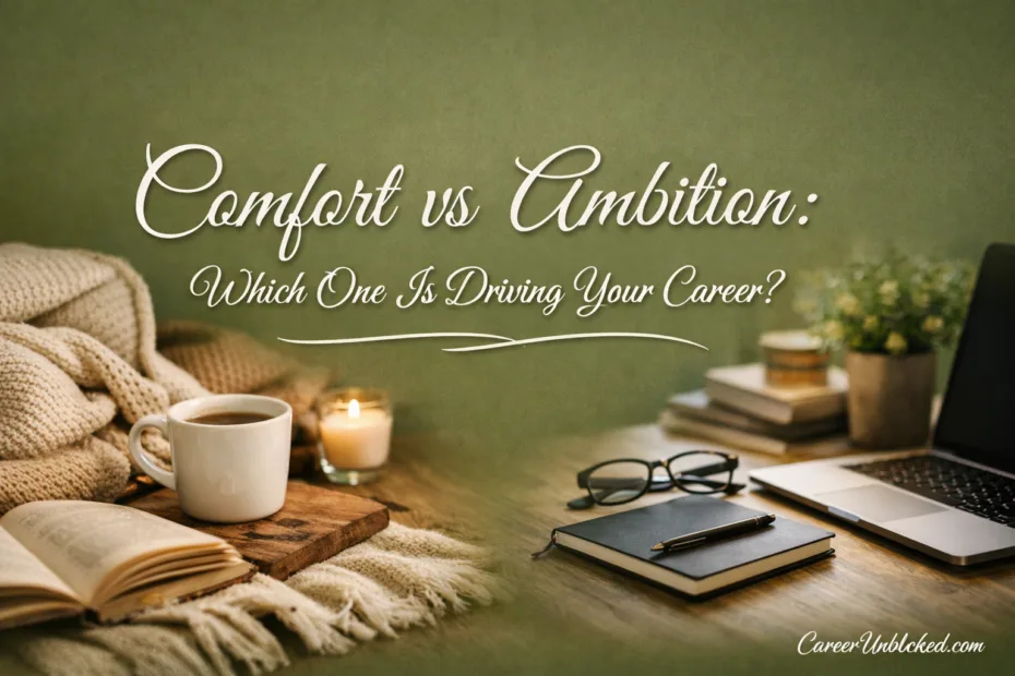 A cozy workspace with a laptop, notebook, and candles, illustrating comfort versus ambition in careers.