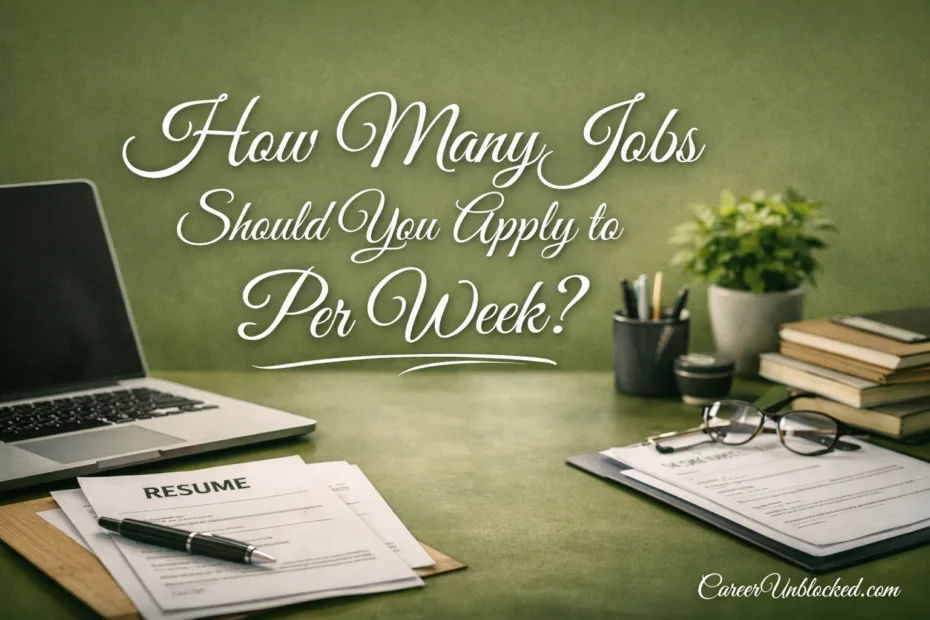 A wooden desk with a laptop, notebook, and a cup of coffee related to jobs to apply per week.