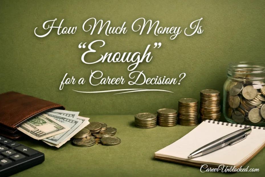 A stack of dollar bills and coins on a green surface, reflecting the question 'How much money is enough…