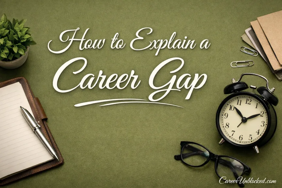 A chalkboard with the phrase 'How to Explain a Career Gap' and a clock lying on a table.