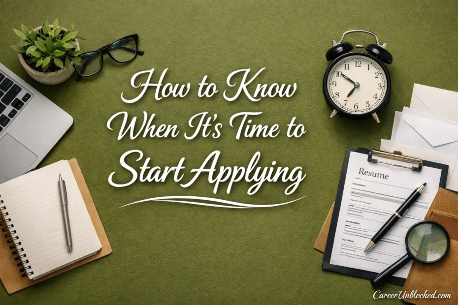 A clock and a checklist on a green background illustrating when to start applying for jobs.