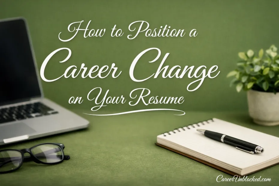 Hands place a pen on a notebook and a laptop on a green surface, illustrating how to position a career…