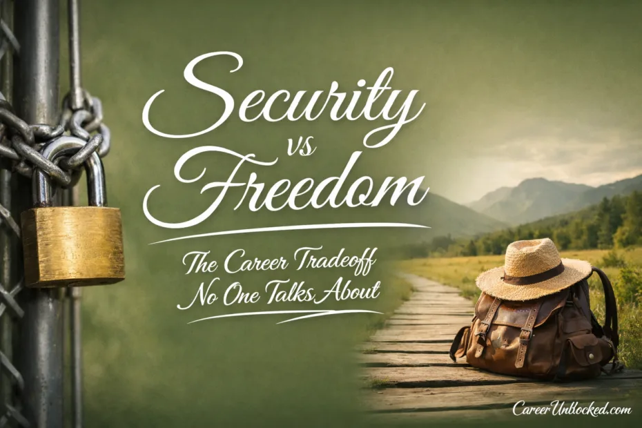 A person standing at a crossroads with a signpost showing security and freedom, symbolizing a career tr…