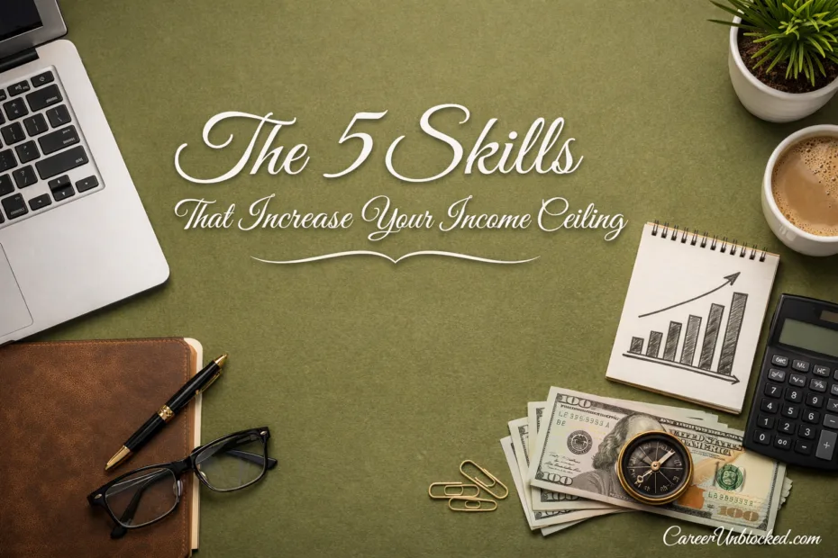 A desk with a journal titled 'The 5 Skills that Increase Your Income Ceiling' and some dollar bills.
