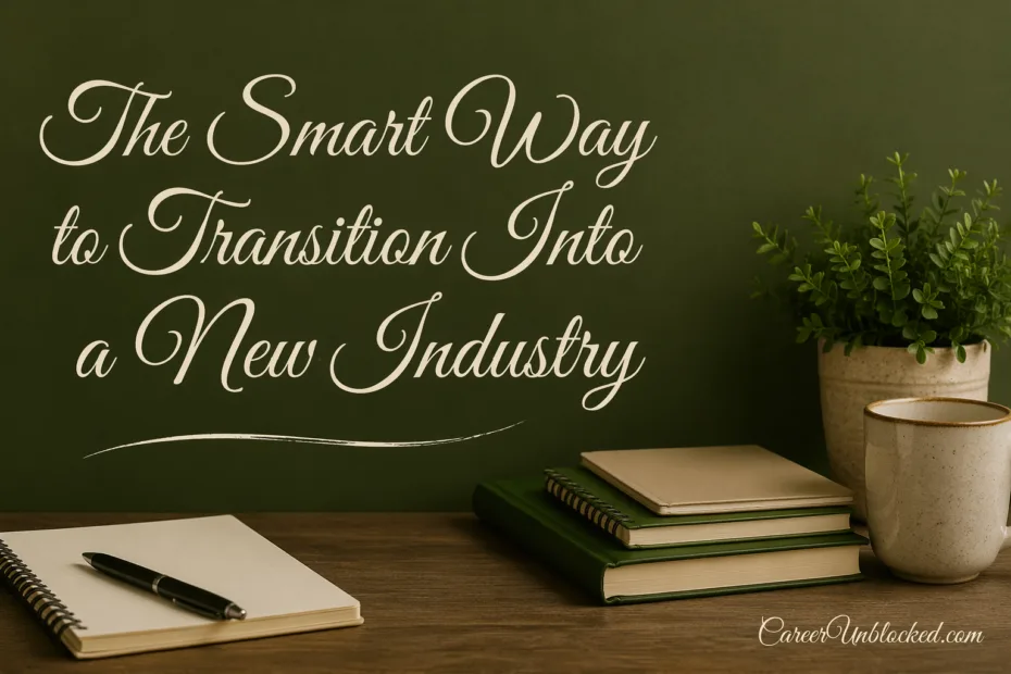 Books and a laptop on a desk emphasize effective strategies for transition into new industry.
