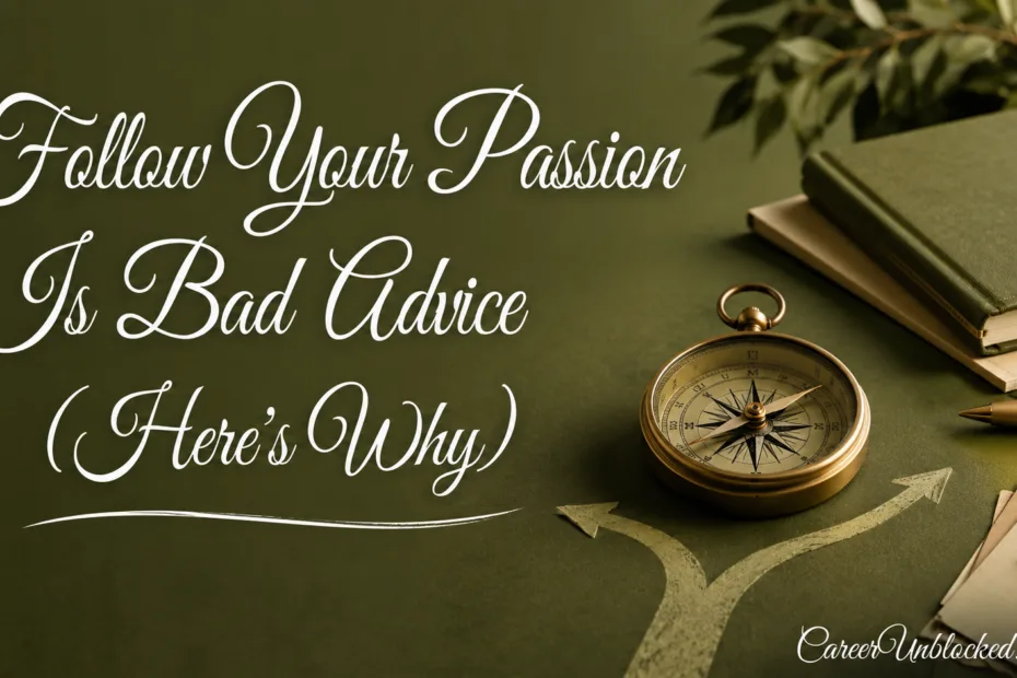 A vintage compass on a green surface with the title 'Follow Your Passion Is Bad Advice (Here’s Why)' ab…