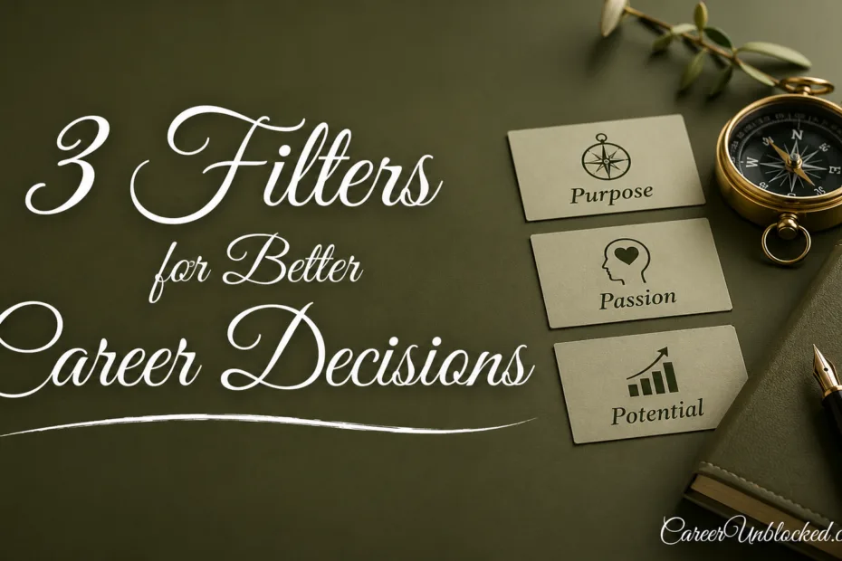 Career decision filters are shown on a computer screen with a checklist for making better choices.
