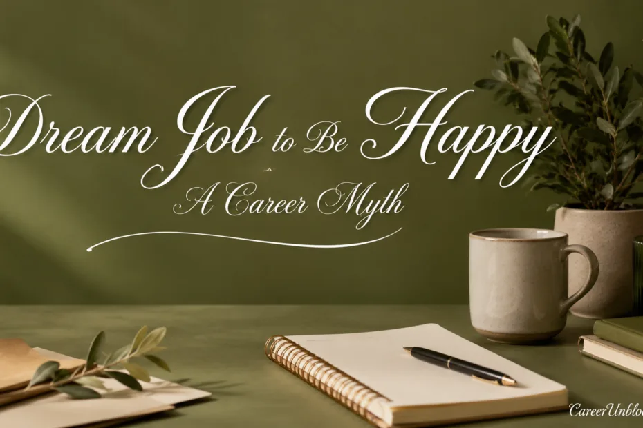 A workspace with a notebook, pen, and coffee mug illustrating the dream job myth concept.